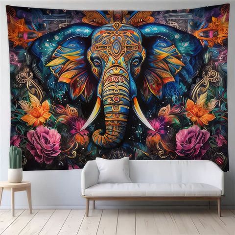 Tenture Murale Tête d'Eléphant Fleurs Artistiques